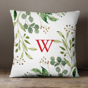 Festive Winter Greenery Watercolor Monogram  Throw Pillow