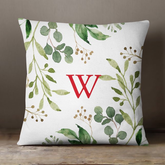 Festive Winter Greenery Watercolor Monogram  Throw Pillow (Creator Uploaded)