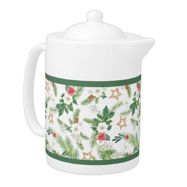 Festive Winter Holiday Botanicals   Teapot (Left)