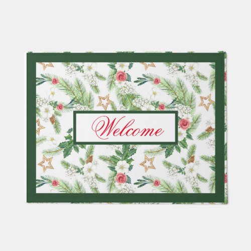 Festive Winter Holiday Botanicals Welcome Doormat