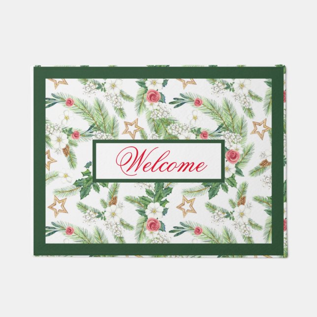 Festive Winter Holiday Botanicals Welcome Doormat (Front)