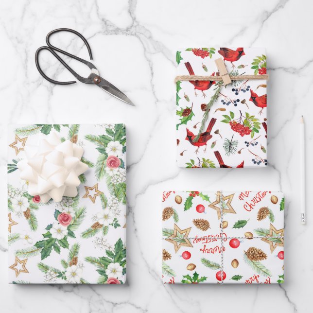 Festive Winter Holiday Botanicals  Wrapping Paper Sheets (Front)