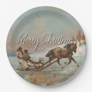 Festive Winter Horse Sleigh Ride Scene Paper Plates