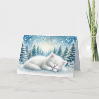 Festive Winter Landscape With White Cat Christmas Card