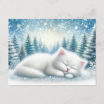 Festive Winter Landscape With White Cat Christmas Postcard