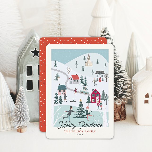 Festive Winter Merry Christmas Town/Village Photo Holiday Card (Creator Uploaded)
