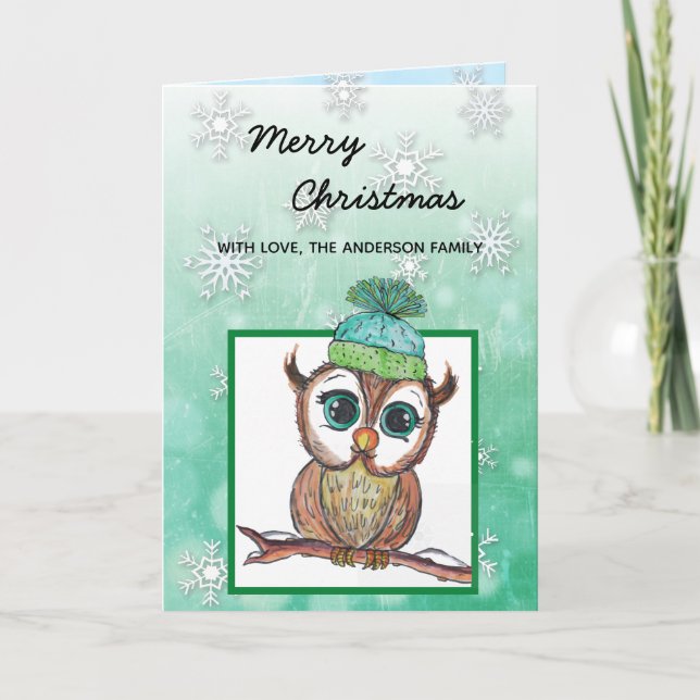 Festive Winter Owl Merry Christmas Card (Front)