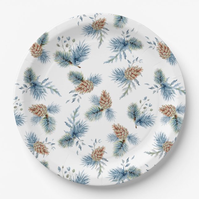 Festive Winter Pine and Evergreens Paper Plates (Front)