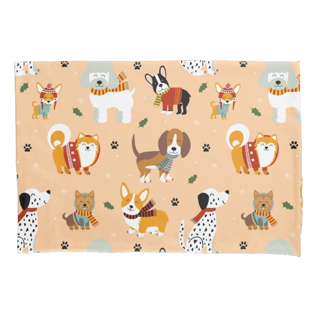 Festive Winter Puppy Scarves Pillow Case (Front)