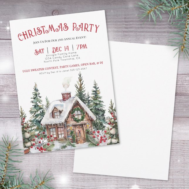 Festive Winter Red Christmas Holiday Party Invitation (Festive Winter Watercolor Christmas Holiday Party Invitation)