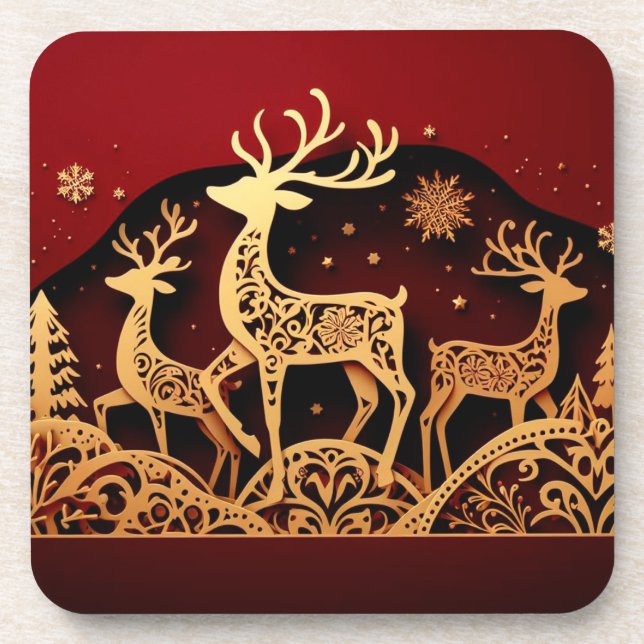 Festive Winter Reindeer – Ornate Forest Beverage Coaster (Front)