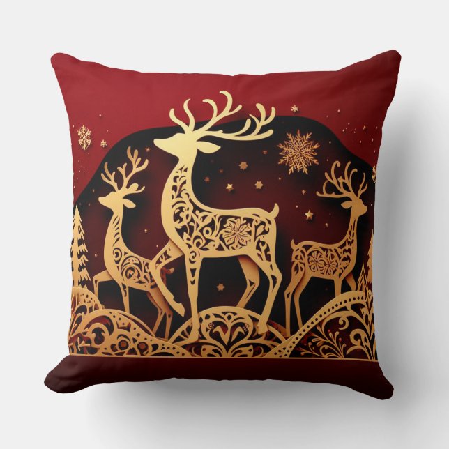 Festive Winter Reindeer – Ornate Forest Throw Pillow (Front)