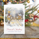 Festive Winter Scene Merriest Christmas Folded Holiday Card<br><div class="desc">A warm glowing lights from a snowy roof top house with light falling snow festive winter scene in watercolor with script "Merriest Christmas" in red and classic san serif "Happy New Year" in black. Inside the greeting card is a message that can be personalized. Artwork by DigitalImageMagic</div>