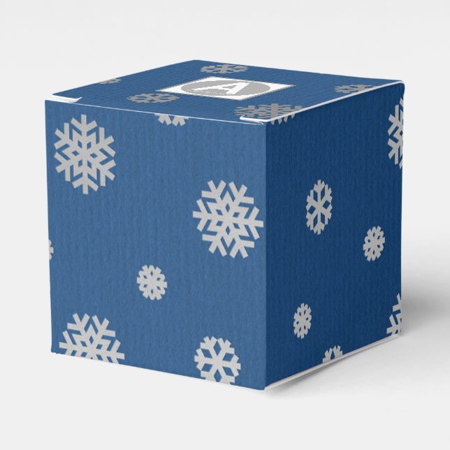 Festive Winter Silver Blue Snowflakes Corporate Favor Boxes (Front Side)