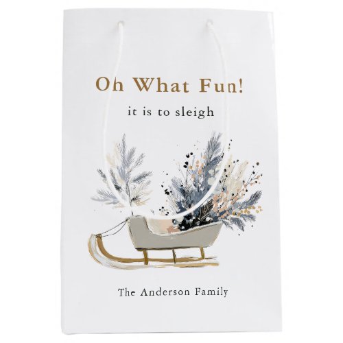 Festive Winter Sleigh Botanical Christmas Holiday Medium Gift Bag