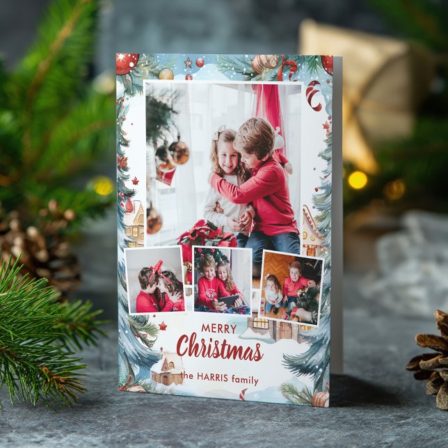 Festive Winter Snow Village Four-Photo Holiday Card (Creator Uploaded)