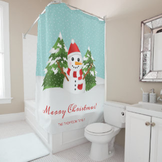 Festive Winter Snowman &amp; Custom Name Christmas Shower Curtain