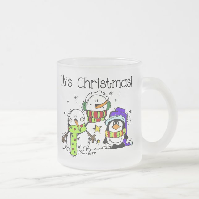 Festive Winter Snowmen and Penguins It's Christmas Frosted Glass Coffee Mug (Right)