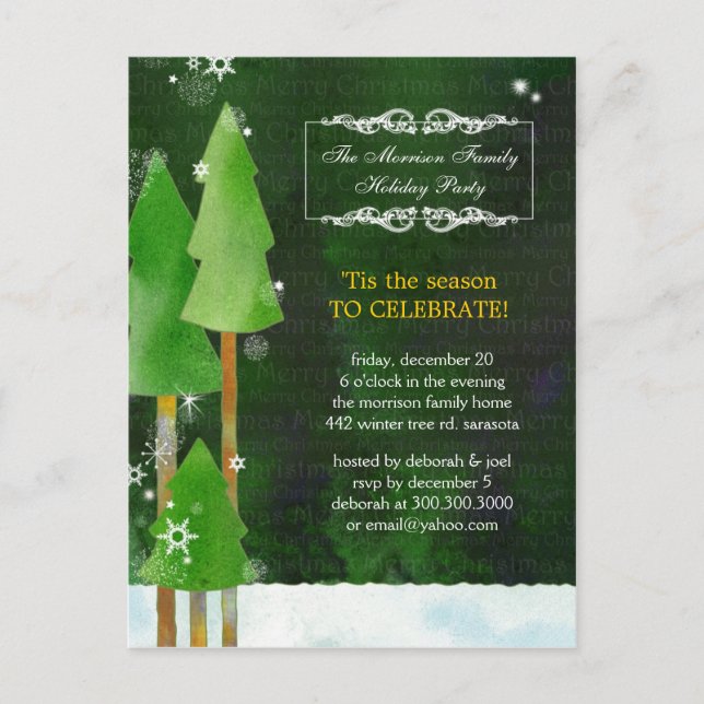 Festive Winter Trees Rustic Green Holiday Party Invitation Postcard (Front)