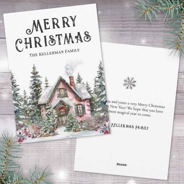 Festive Winter Watercolor Merry Christmas Holiday Card (Festive Winter Cabin Merry Christmas Holiday Card)