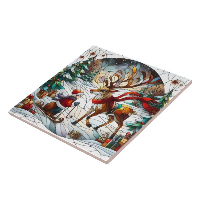 Festive winter wonderland with a joyous reindeer ceramic tile (Side)