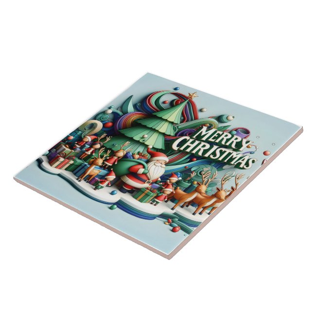 Festive winter wonderland with Santa and reindeer Ceramic Tile (Side)