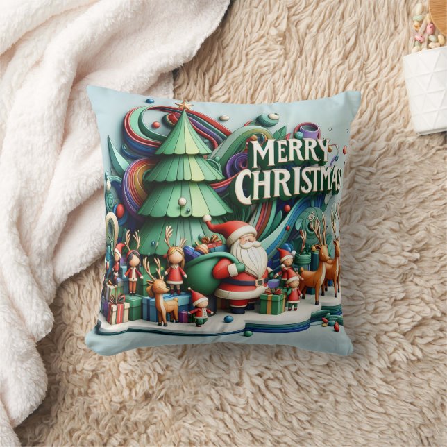 Festive winter wonderland with Santa and reindeer Throw Pillow (Blanket)