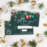 Festive winter wreath logo gift certificate cards<br><div class="desc">Modern logo gift certificate with festive Christmas lights green pine branches snow with cute illustration of glitter Christmas ball ornament,  green watercolor pine branches,  mistletoe,  pine cones,  string fairy lights on editable dark green background.. Get ready for the shopping season and Christmas. Perfect gift for anyone! Add your logo.</div>