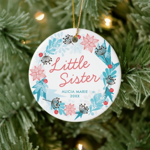 Festive Winter Wreath Personalized Little Sister Ceramic Ornament