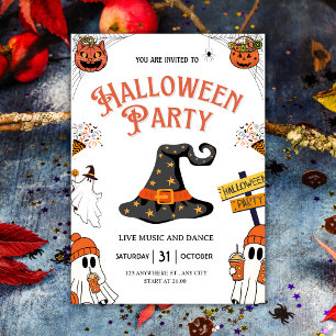 Festive Witch Hat & Ghosts Halloween Party Invitation