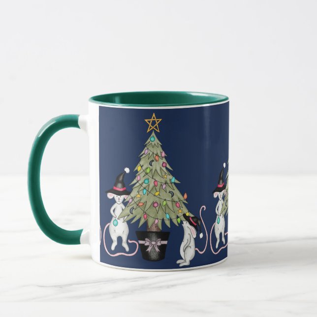 Festive Witch Mice Decorating Their Christmas Tree Mug (Left)