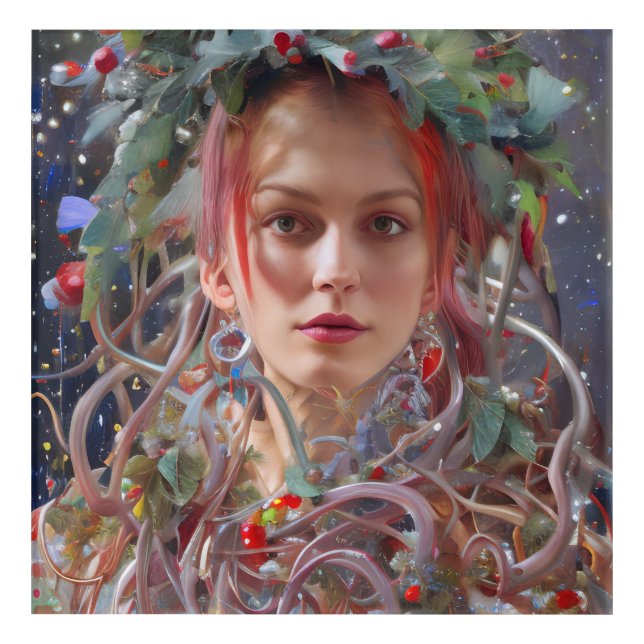 Festive Woman Dressed in Christmas Garland Acrylic Print (Front)