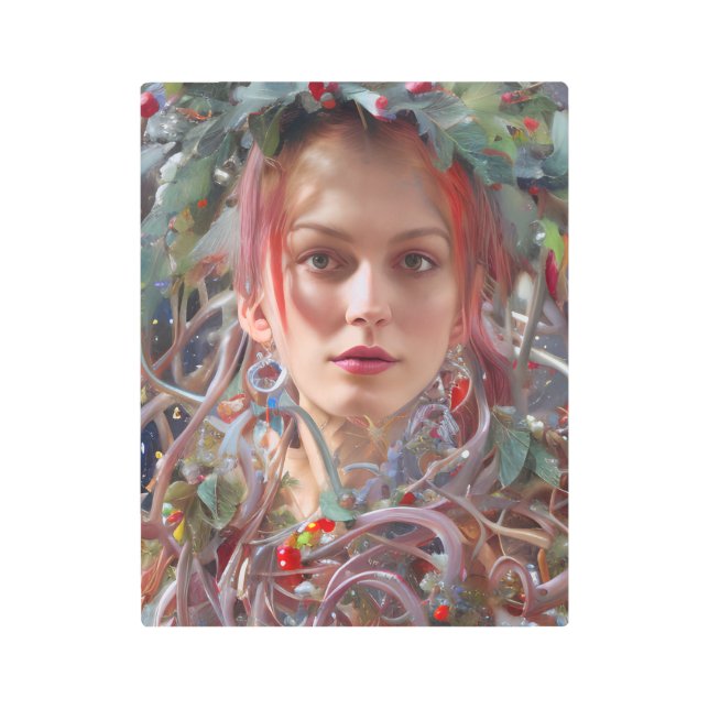 Festive Woman Dressed in Christmas Garland Metal Print (Front)