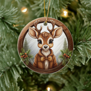 Festive Woodland Wildlife Brown Wooden Border 🦌🎄 Ceramic Ornament