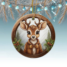 Festive Woodland Wildlife Brown Wooden Border 🦌🎄 Ceramic Ornament