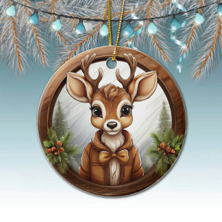 Festive Woodland Wildlife Brown Wooden Border 🦌🎄 Ceramic Ornament