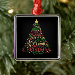 Festive Word Art Christmas Tree Peace Hope Joy Metal Ornament