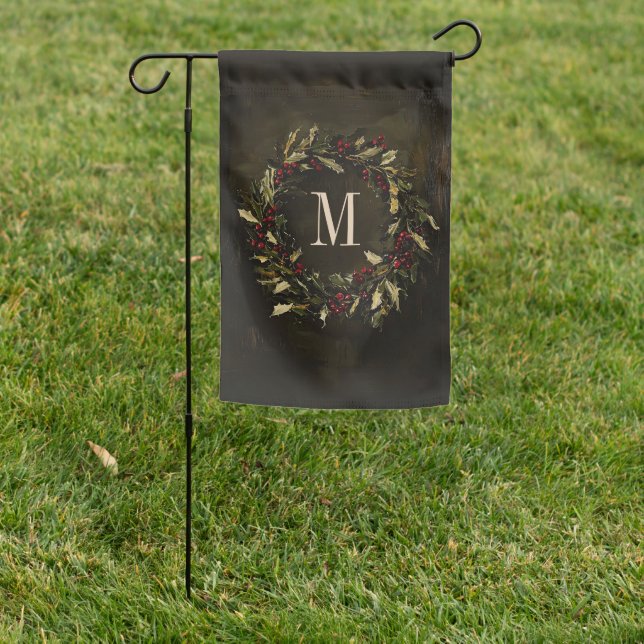 Festive Wreath Christmas Holiday Custom Monogram Garden Flag (In SItu)