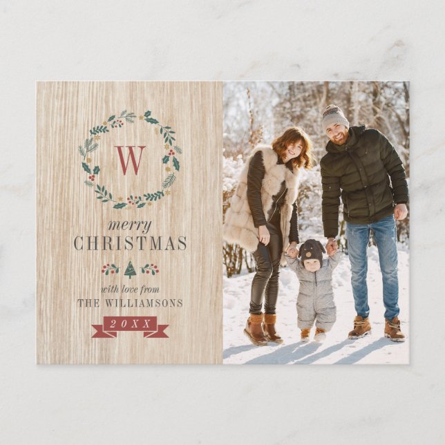 Festive Wreath & Christmas Photo | Monogram Wooden Postcard (Front)