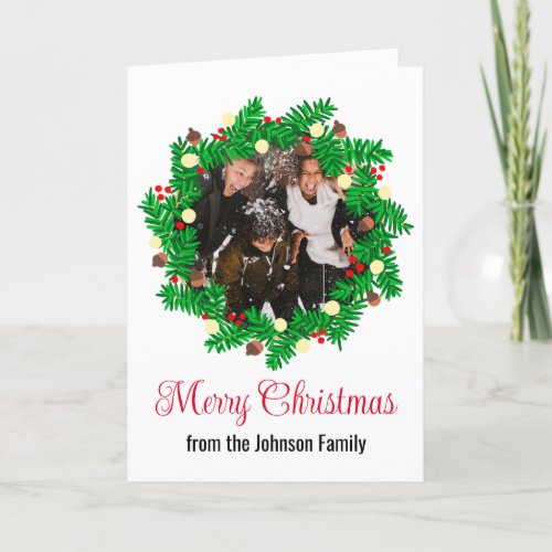 Festive Wreath Custom Photo Merry Christmas Holiday Card
