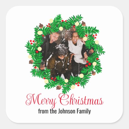 Festive Wreath Custom Photo Merry Christmas Square Sticker