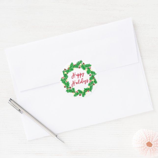 Festive Wreath Happy Holidays Classic Round Sticker (Envelope)