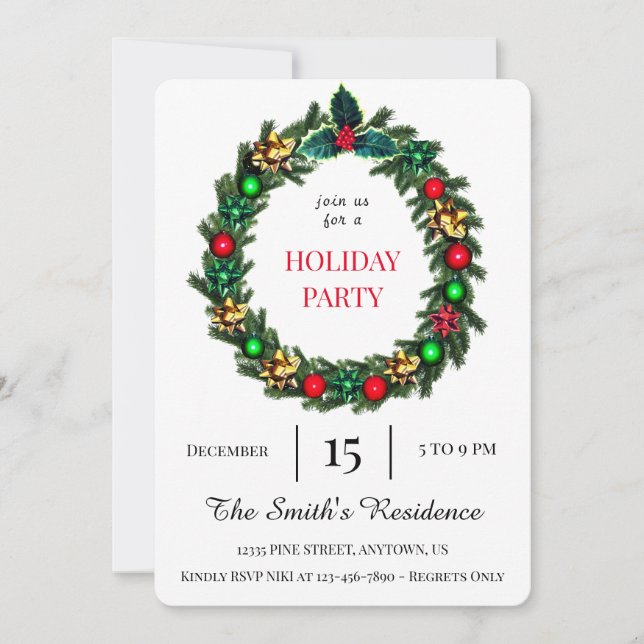 Festive Wreath Holiday Party Cute Elegant Invitation (Front)