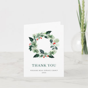 Festive Wreath Holly Berry Pine Forest Christmas Letterpress Thank You Card