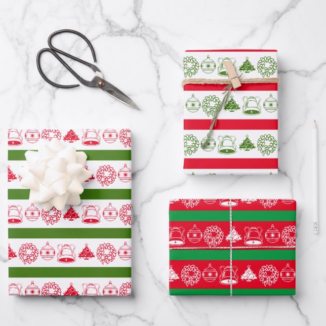 Festive Wreath, Ornament, Bell, Christmas Tree Wrapping Paper Sheets (Front)