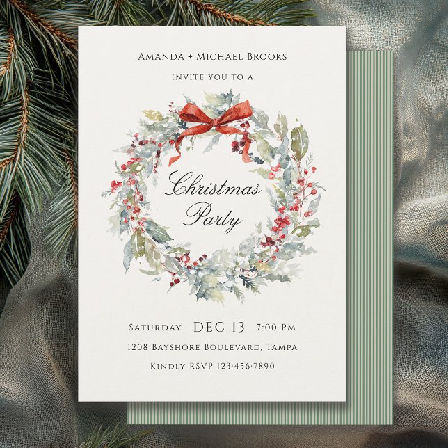 Festive Wreath Red Bow Christmas Party Invitation (Available in both printed and instant download digital formats.)