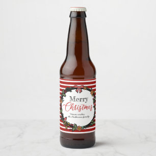 Festive Wreath & Red Stripes Merry Christmas Beer Bottle Label