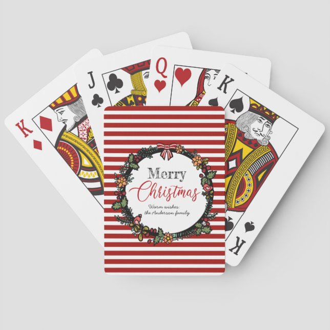 Festive Wreath & Red Stripes | Merry Christmas Poker Cards (Back)