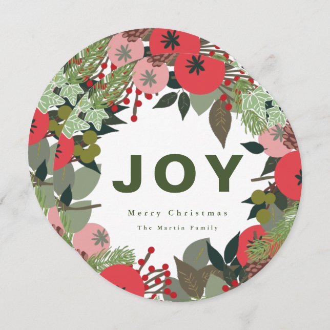 Festive Wreath with Joy Typography Holiday Card (Front/Back)