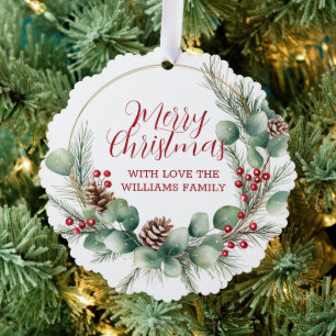 Festive Wreath with Red Berries and Eucalyptus Ornament Card